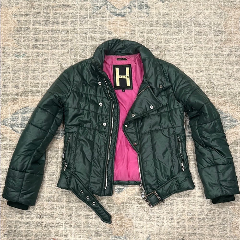 Green Quilted Bomber Moto Jacket with Pink Lining